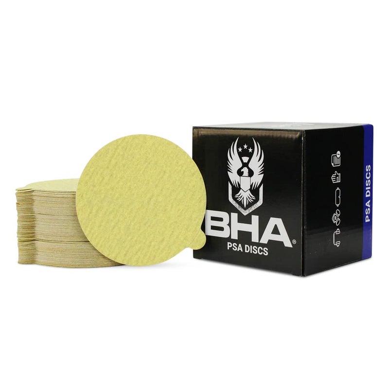 BHA 5" Inch Gold Peel and Stick Adhesive Backed PSA Sanding Discs with Tabs - 100 Pack (320 Grit) - Image 1